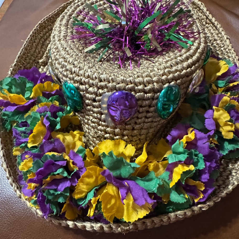 Scala Festive Straw Hat with Purple, Green, and Yellow Accents